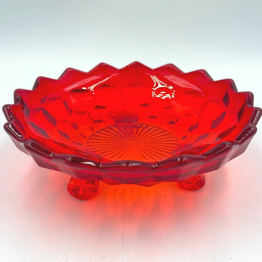 HTF Fostoria American Ruby Red Glass 3 Toed Bowl Candy Dish Cube Pattern 6.5"